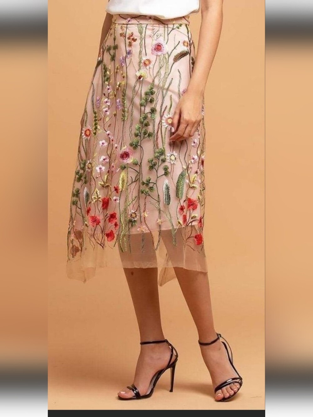 Embroidered Floral Sheer Midi Skirt - Blush Pink - Picture 2 of 16